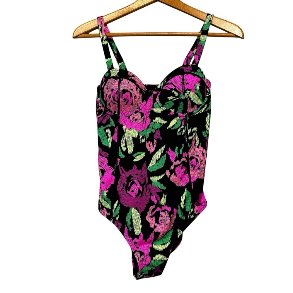 NWT Betsey Johnson Purple Floral Balconette Style Swimsuit One Piece Size Large